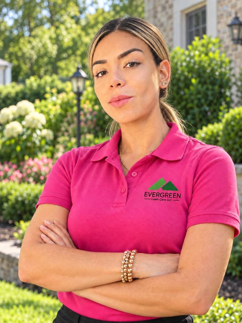 Jenn, owner of Evergreen Lawn Care LLC, in her Evergreen uniform in a landscaped garden